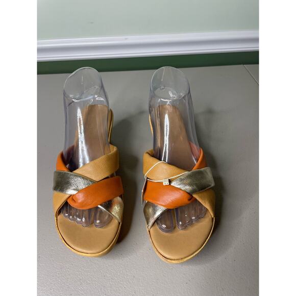 Mila Paoli Wedge Heel Sandal Slide Open Toe Genuine Leather Brown Tan Orange 6.5